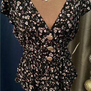 Meraki Black Floral Buttoned Blouse